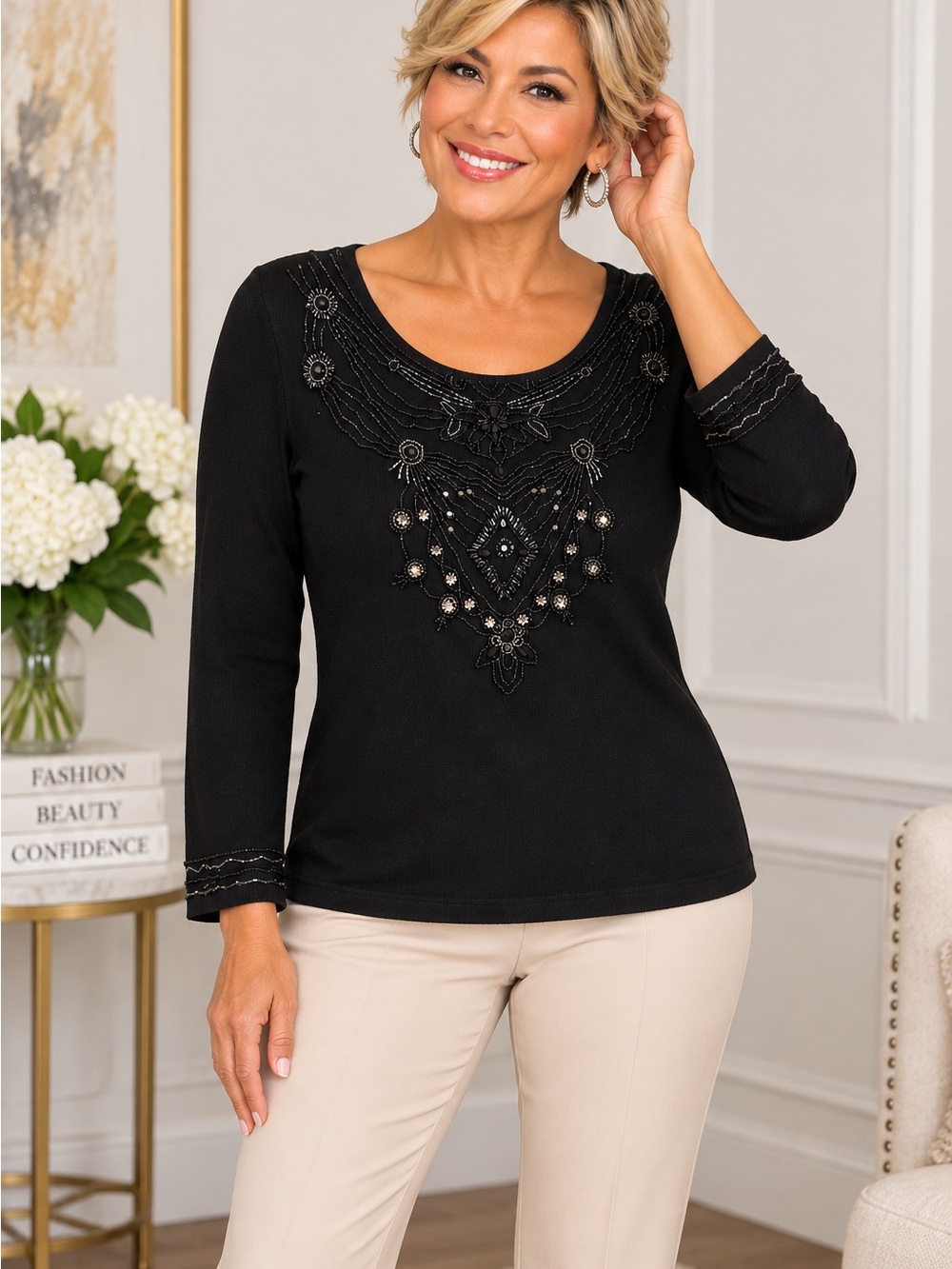 Vintage Randolph Duke The Look Sweater Top Size S Black Silk Beaded